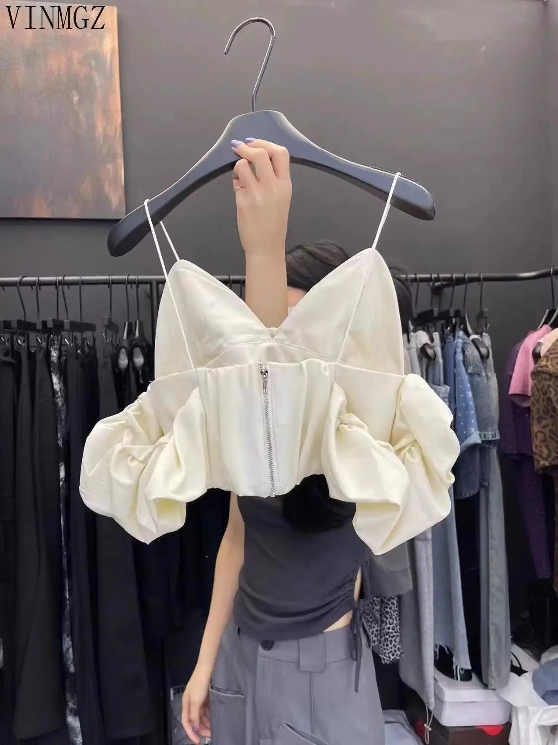 Women's clothing 2025 spring and summer new V-neck off-the-shoulder bubble sleeve pleated short suspender vest women - Image 5