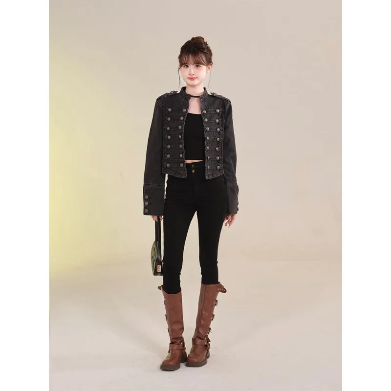 Women's Clothing Short Coat New Jeans Jacket Retro Button Design Slim Stand-up Collar Long Sleeves Denim Top Jacket Short Coat - Image 6
