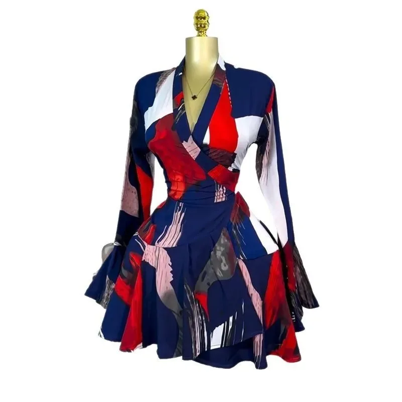 Women's Clothing 2025 Summer New Sweet Fresh Printed V-neck Tie Bell Sleeve High Waist Dress Short Skirt Vestido Women Elegant