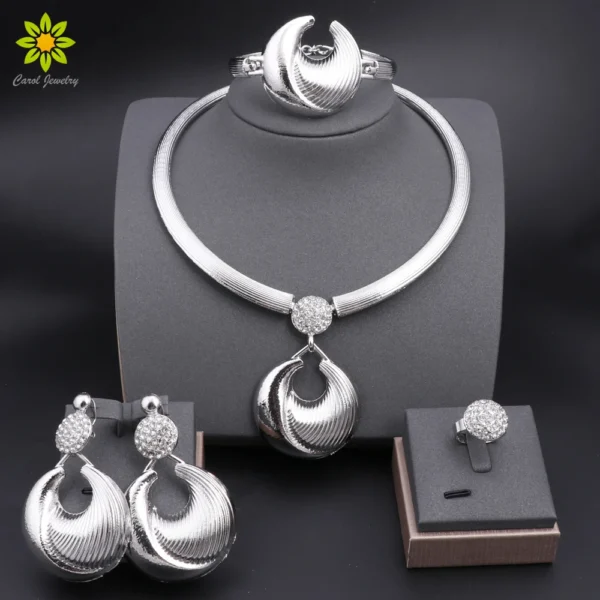 Dubai Jewelry Set For Women Silver Plated Luxury Necklace Earrings Bracelet And Ring Set Jewelry For Wedding Party Trending 