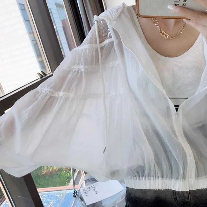 Women's Clothing Long Sleeve Hooded Hollow Out Spliced Sequin Fashionable Young Style Sunscreen Ventilation Coats XQ673 - Image 4