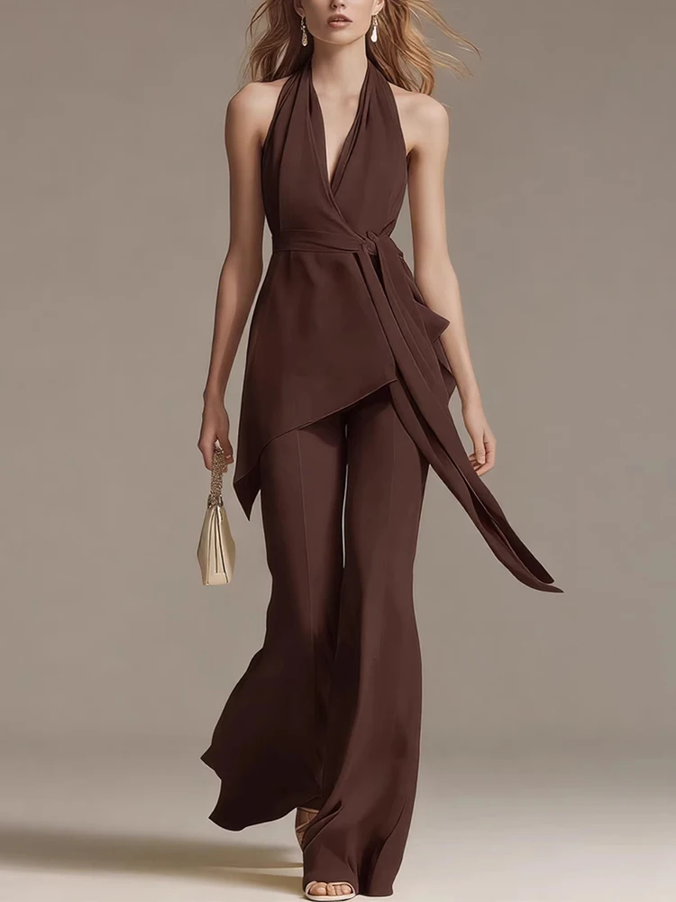 Women's Casual Sleeveless Lace-Up Solid Outfits Fashion Simples Draped 2Pc Suits Sexy Halter Backless Top & Wide Leg Pant Sets