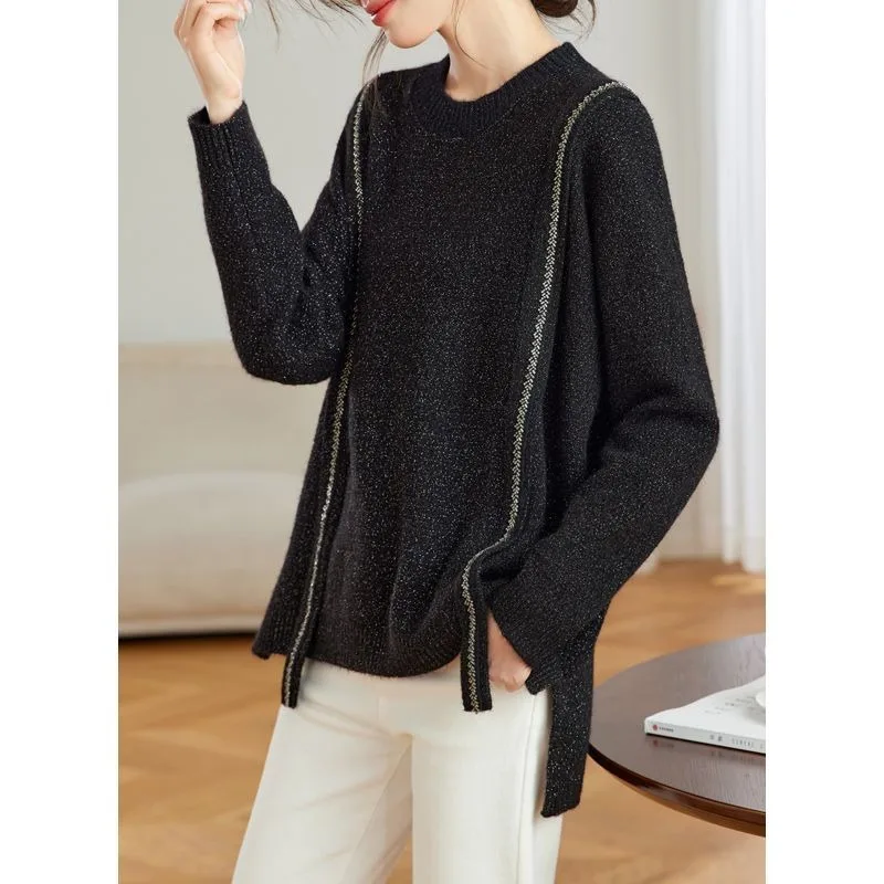 Women's Clothing New Autumn Style Round Neck Sweater Loose Fit to Cover Belly Pullovers Casual Splicing Jumpers - Image 4