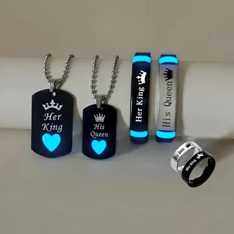 Stainless Steel Luminous Her King&His Queen Crown Jewelry Sets for Women Necklace Bracelet Ring Statement Couple Jewelry Gifts - Image 7