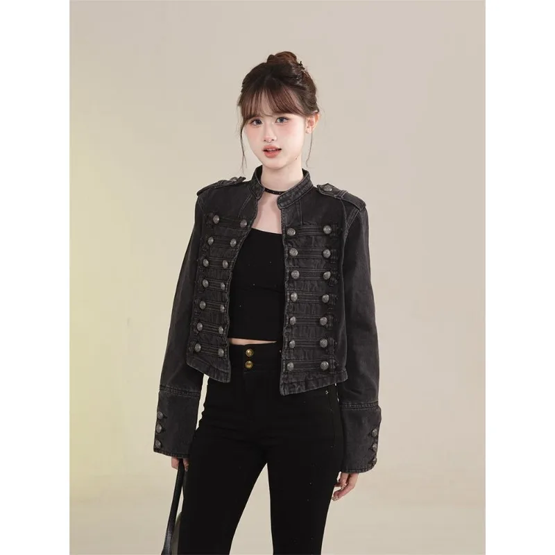 Women's Clothing Short Coat New Jeans Jacket Retro Button Design Slim Stand-up Collar Long Sleeves Denim Top Jacket Short Coat - Image 3