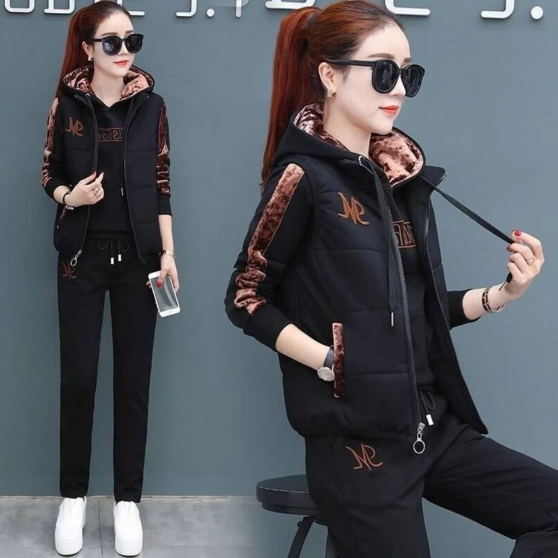 Women's Casual Fashion Autumn Winter New Sweat Suit Plush Thickened Hooded Tops and Waistcoat Pants 3 Three Piece Sets For Women - Image 7