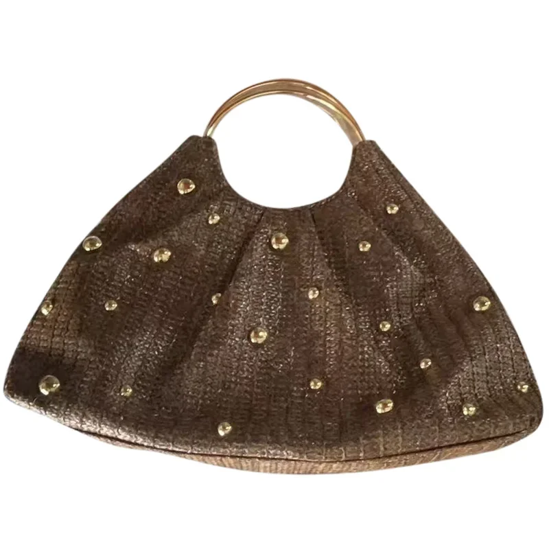 Beaded Straw Handbag,Boho Evening Bag Elegant Clutch Purse Bag with Circle Handle,Summer Beach Vacation Grass Woven Tote Bag - Image 8
