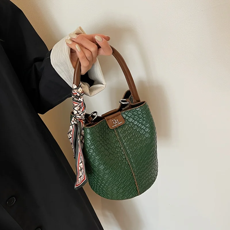 Fashionable Women's Bucket Bag, Stylish Solid Color Woven Effect Handbag Shoulder Bag and Crossbody Bag, Can Be Carried By Hand - Image 4