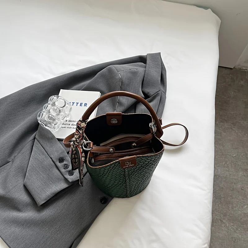 Fashionable Women's Bucket Bag, Stylish Solid Color Woven Effect Handbag Shoulder Bag and Crossbody Bag, Can Be Carried By Hand - Image 3