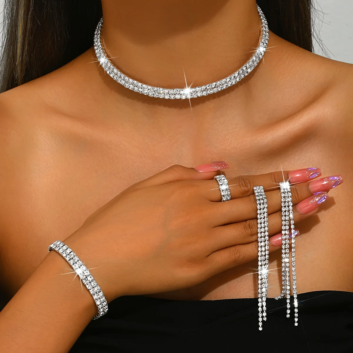 5pcs Luxurious Rhinestone Jewelry Set for Women,Choker, Earrings, Stretch Bracelet & Ring for Weddings, Banquets & Parties - Image 5