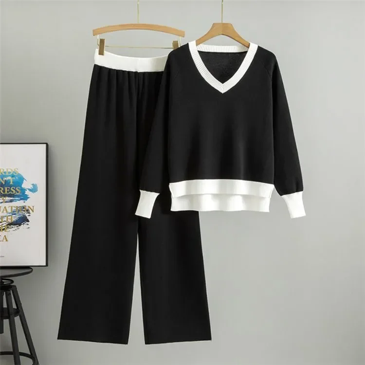 Fashionable Casual Suit for Women 2025 Spring and Autumn V-neck Contrasting Sweater Loose Wide-leg Pants Two-piece Set - Image 9