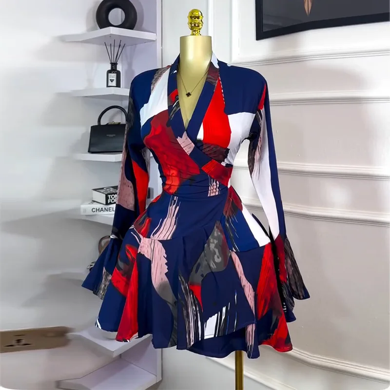 Women's Clothing 2025 Summer New Sweet Fresh Printed V-neck Tie Bell Sleeve High Waist Dress Short Skirt Vestido Women Elegant - Image 6