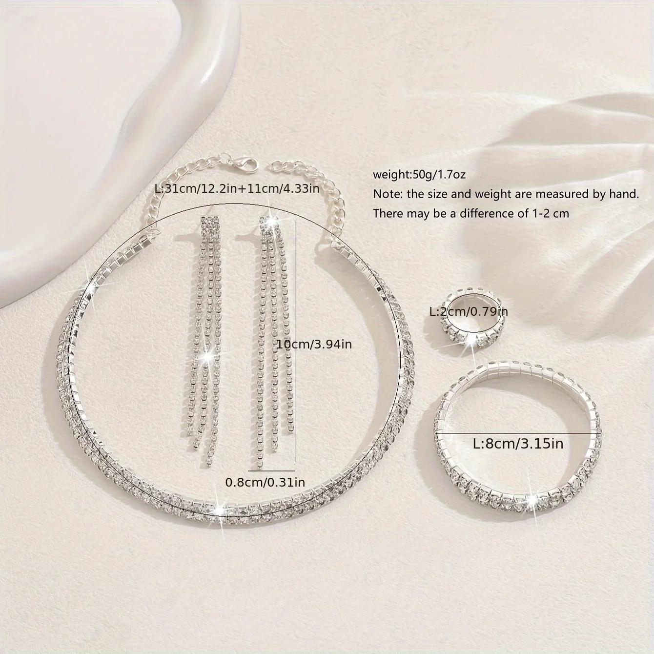 5pcs Luxurious Rhinestone Jewelry Set for Women,Choker, Earrings, Stretch Bracelet & Ring for Weddings, Banquets & Parties - Image 3