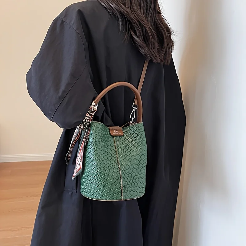 Fashionable Women's Bucket Bag, Stylish Solid Color Woven Effect Handbag Shoulder Bag and Crossbody Bag, Can Be Carried By Hand - Image 5