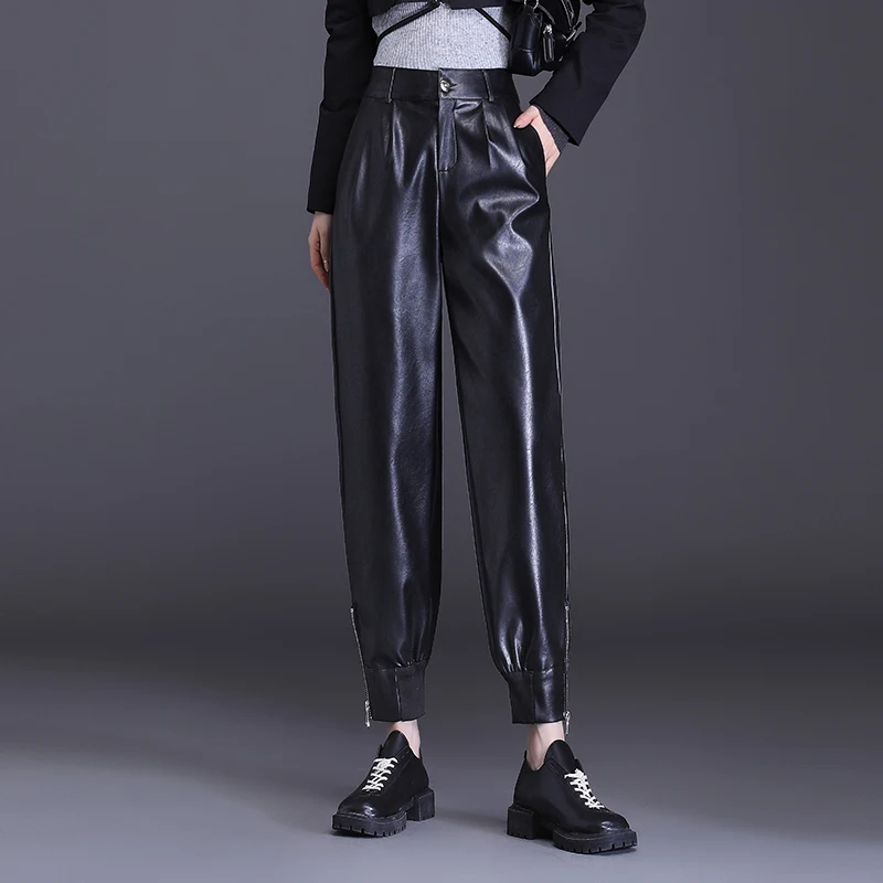 PU Leather Harem Pants For Women Streetwear Punk Motorcycle High Waist Loose Casual Pants Fashion Black Trousers Female - Image 7