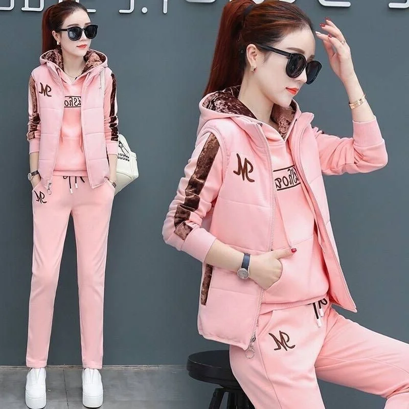 Women's Casual Fashion Autumn Winter New Sweat Suit Plush Thickened Hooded Tops and Waistcoat Pants 3 Three Piece Sets For Women - Image 8
