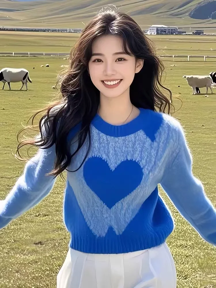 Women's Clothing Casual Blue Love Sweaters Autumn/winter New Long Sleeve Loose Gentle Pullover Lady O-neck All-match Fashion Top - Image 3