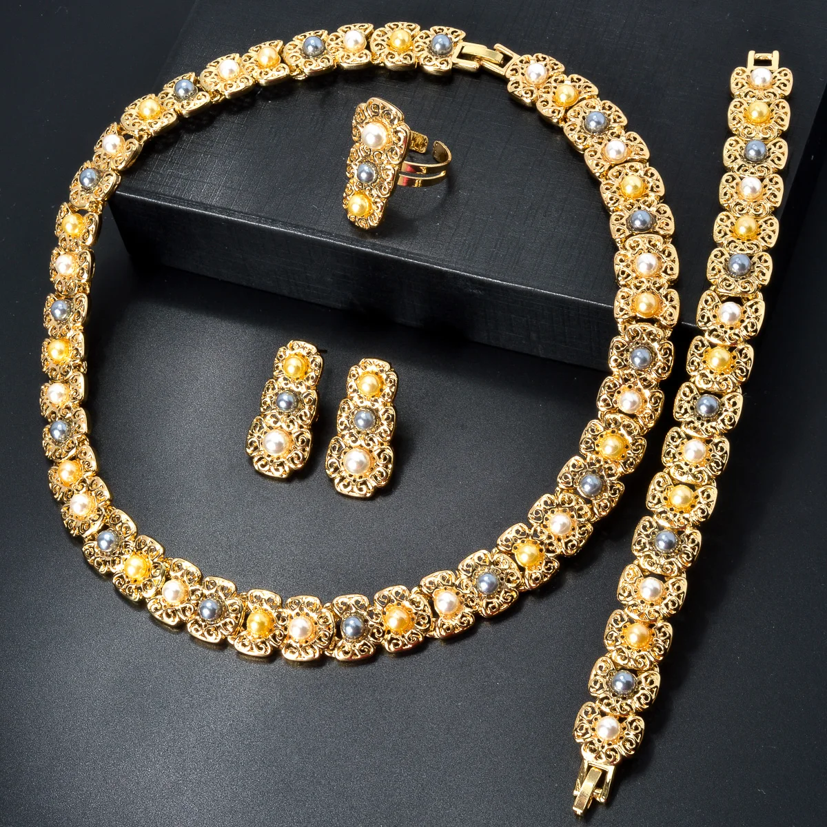 Dubai Luxury Quality Jewelry Set For Women Trend Pearl Necklace Bracelet Ring Earrings Jewelry Set 18k Gold Plated Jewelry - Image 8