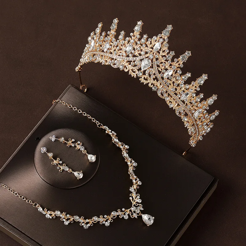Bridal Wedding Jewelry 4-piece Set, Alloy Crystal Crown&Crystal Necklace&Earrings Women's Classic Wedding Tiaras - Image 4