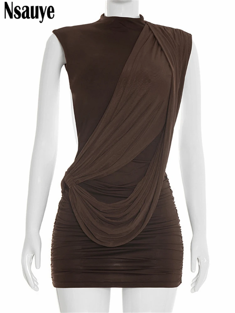 Nsauye Casual Women Pullover Short Fashion Evening Party Basic Dress Backless O Neck Sexy Night Club Brown Elegant Dress Summer - Image 5