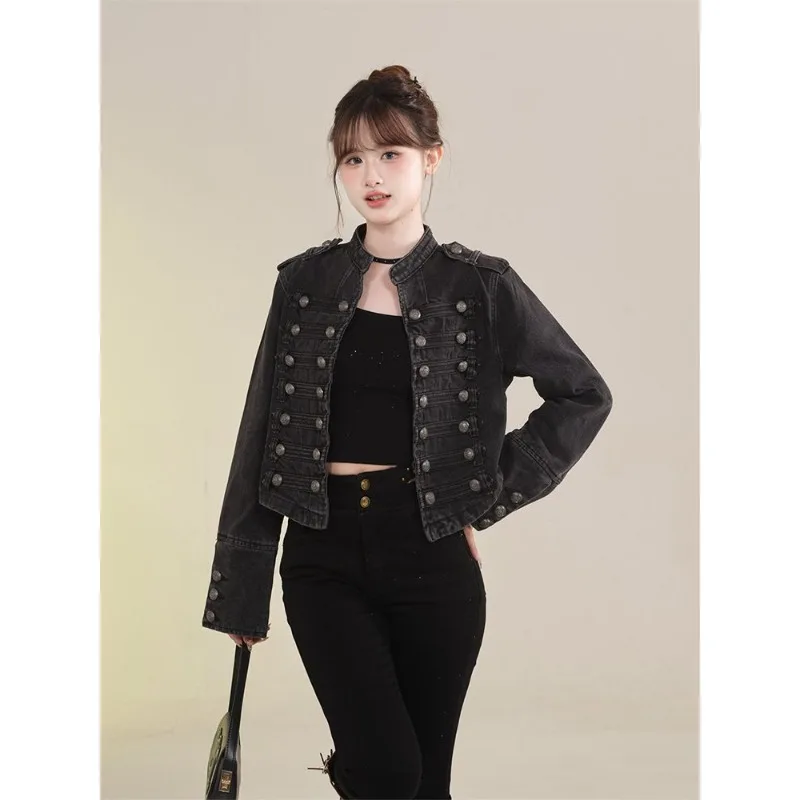 Women's Clothing Short Coat New Jeans Jacket Retro Button Design Slim Stand-up Collar Long Sleeves Denim Top Jacket Short Coat - Image 4
