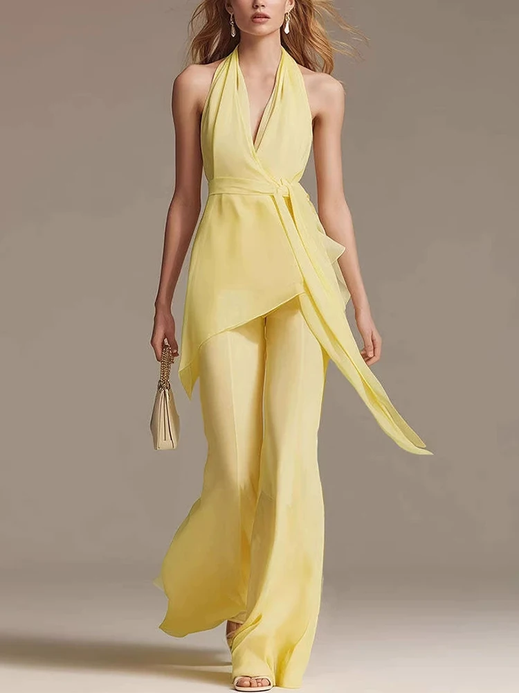Women's Casual Sleeveless Lace-Up Solid Outfits Fashion Simples Draped 2Pc Suits Sexy Halter Backless Top & Wide Leg Pant Sets - Image 3