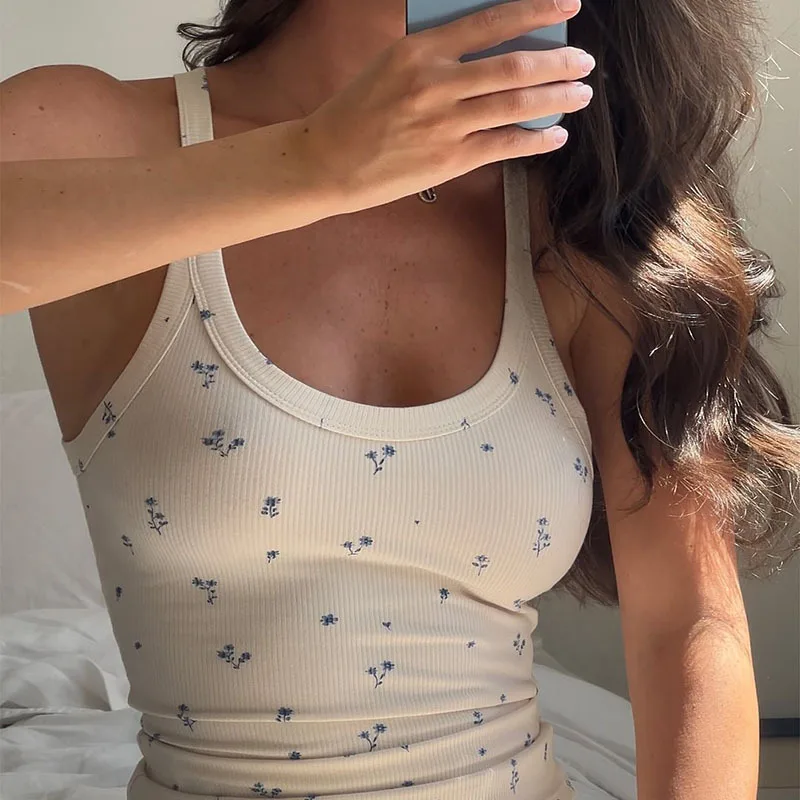 Women's Floral Ribbed Casual Loose Pants Set Sleeveless U-neck Vest Mid Waist Wide Leg Pants Home Wear - Image 3