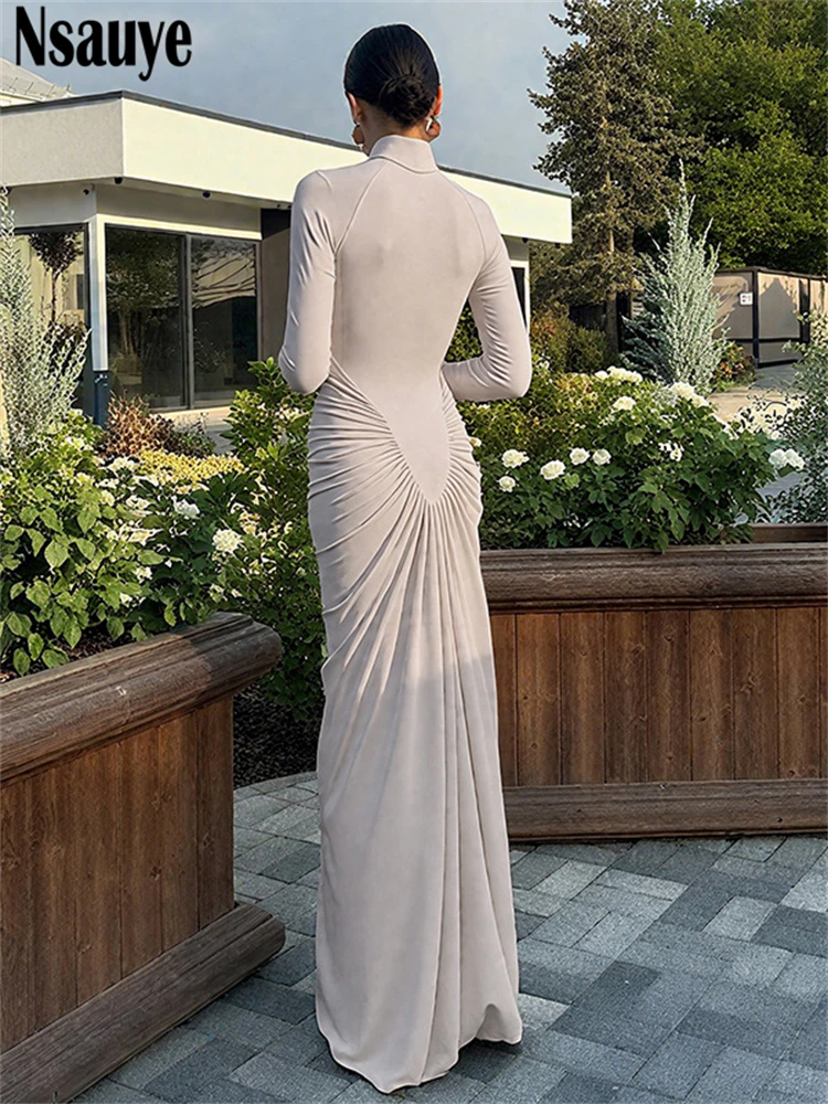 Nsauye Dress For Women Turtleneck Fashion Sexy Night Club Party Holiday Maxi Evening Bodycon Ruched Dress 2025 Winter Autumn - Image 4