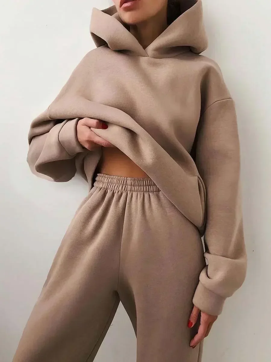 Women's Tracksuit Casual Solid Long Sleeve Hooded Sport Suits Autumn Warm Hoodie Sweatshirts and Long Pant Fleece Two Piece Sets - Image 5