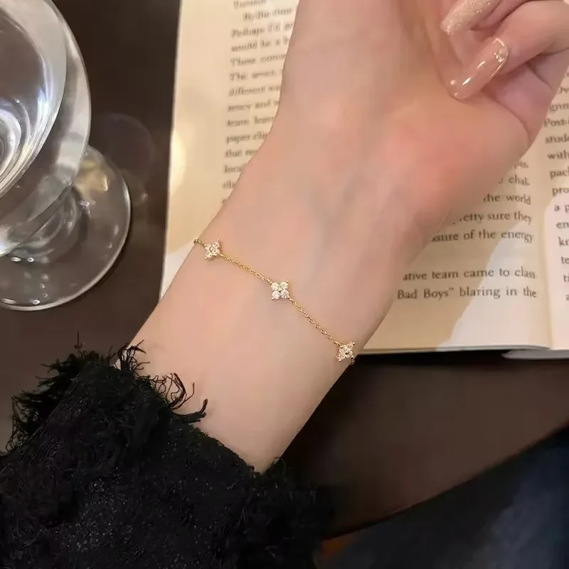 High Quality Crystal Four Leaf Flower Bracelet for Women Clasic Trendy Gold Color Stainless Steel Zircon Bangle Jewelry Gift - Image 2