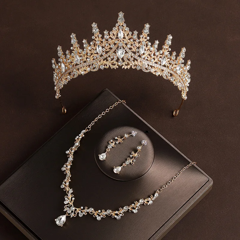 Bridal Wedding Jewelry 4-piece Set, Alloy Crystal Crown&Crystal Necklace&Earrings Women's Classic Wedding Tiaras - Image 6